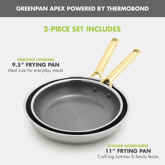 GreenPan Hybrid 9.5” & 11” Nonstick Stainless Steel Frying Pan Set, APEX Tri-Ply Thermobond PFAS-Free Ceramic Skillets, Induction & All Cooktop Compatible, Oven Temp to 850°F, Dishwasher Safe, Gold