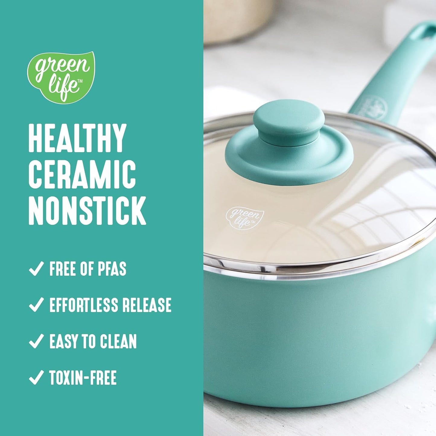GreenLife 2 Quart Ceramic Nonstick Saucepan with Lid, PFAS-Free, Stay-Cool Handle, Multipurpose Kitchen Cooking Pot, Dishwasher & Oven Safe, Turquoise - Culinary Roots