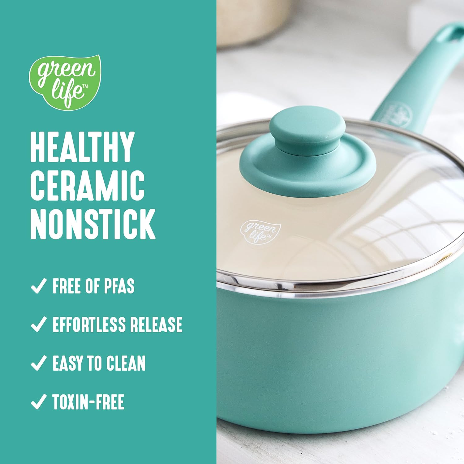 GreenLife 2 Quart Ceramic Nonstick Saucepan with Lid, PFAS-Free, Stay-Cool Handle, Multipurpose Kitchen Cooking Pot, Dishwasher & Oven Safe, Turquoise - Culinary Roots