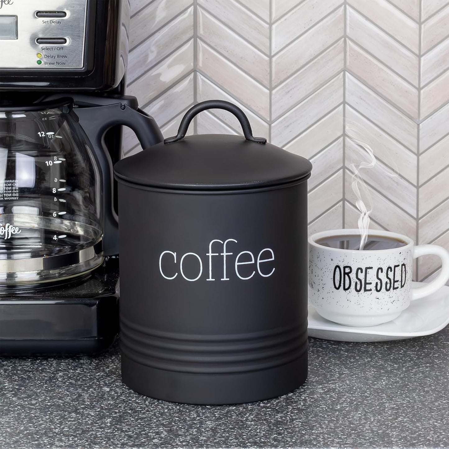 AuldHome Design Enamelware Black Coffee Canister; Modern Farmhouse Style Coffee Storage for Kitchen