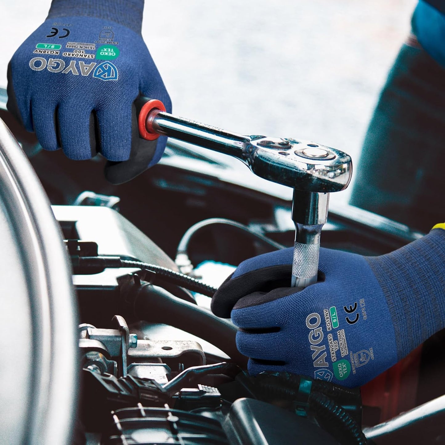 KAYGO Safety Work Gloves MicroFoam Nitrile Coated, 3 Pairs KG18NB,Seamless Knit Nylon Glove for Men and Women, Ideal for Automotive,Warehouse,Construction (M, Dark Blue)