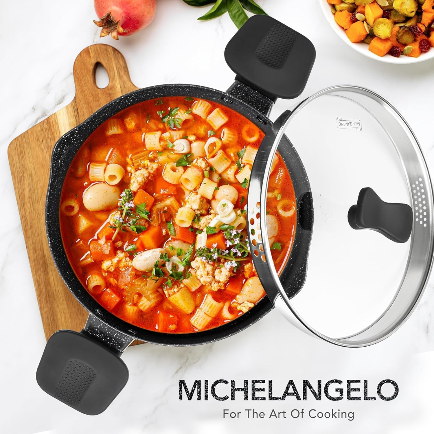 MICHELANGELO Pasta Pot with Strainer Lid, 6 Quart Cooking Pot with Twist and Lock Handles, Soup Pot with Nonstick Granite Coating, Spaghetti Pot Induction Compatible, Black - Culinary Roots
