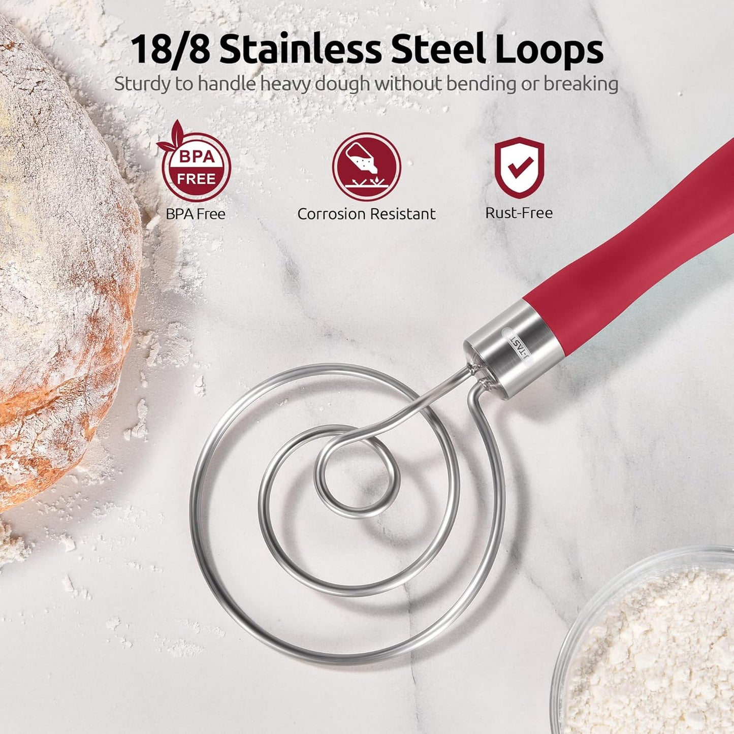 U-Taste 12.6in Danish Dough Whisk: 18/8 Stainless Steel Heavy-Duty Sourdough Mixer Tool, Food Grade Dutch Style Seamless Bread Wisk, Sturdy for Mixing, Stirring, Pressing, Kneading Thick Batter (Red) - Culinary Roots
