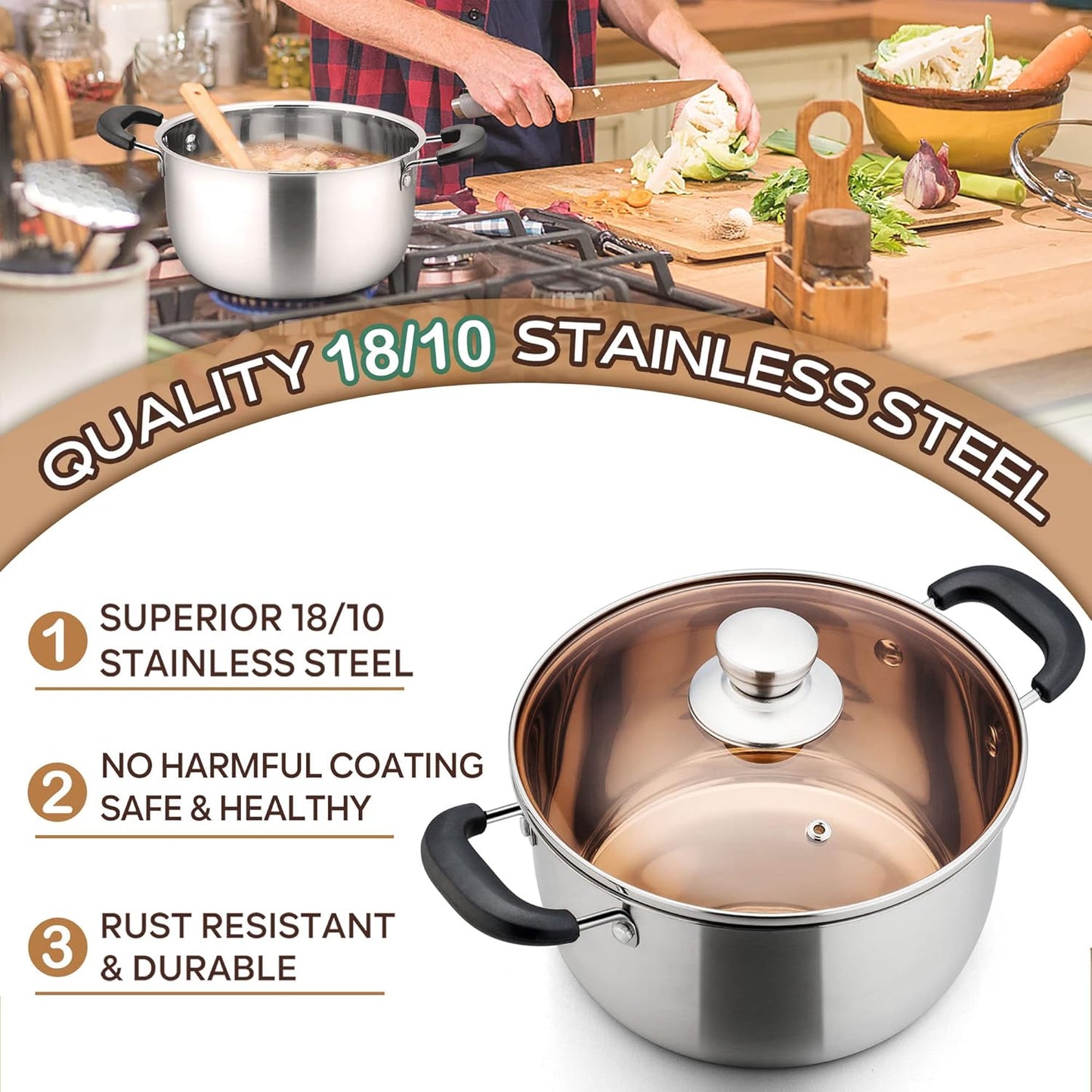 LIANYU 3QT Stainless Steel Stock Pot, Cooking Soup Pot with Lid, Heavy Duty Pasta Stockpot for Strew Simmer Boiling, Heat-proof Handle, Dishwasher Safe - Culinary Roots
