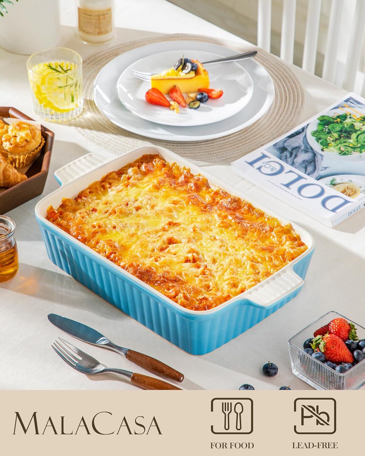 MALACASA 4.4 QT Baking Dish, 9x13 Large Casserole Dish for Oven, Ceramic Baking Pan, Rectangular Lasagna Pan Deep with Handles for Baking, Durable Microwave Oven Safe, Blue, Series BAKE-BAKE - Culinary Roots