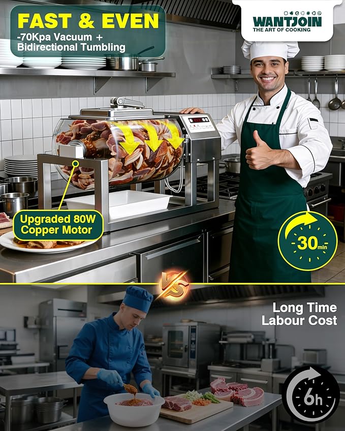 WantJoin Commercial Vacuum Tumbler Marinator, 20L Capacity, 30Min Fast Marinating, 80W Copper Motor, 3-Speed Bidirectional Rotation, Stainless Steel Meat Tumbler for Catering & Kitchen