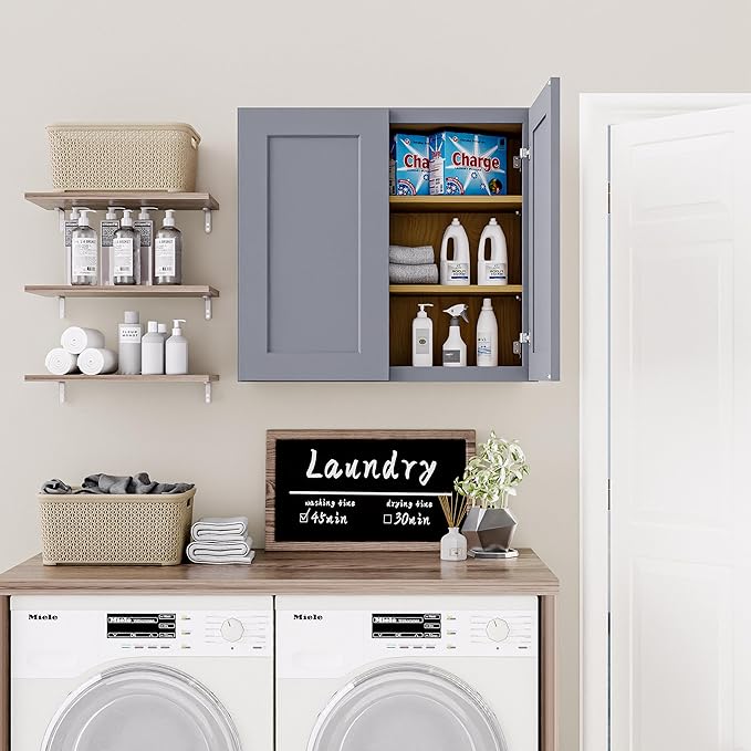 33 Inch Laundry Room Cabinets Wall Mounted, Solid Wood Over The Toilet Storage Cabinet, Bathroom Organizer Cabinets with 2 Door & Shelves, Easy to Assemble for Kitchen, Garage - Dark Gray