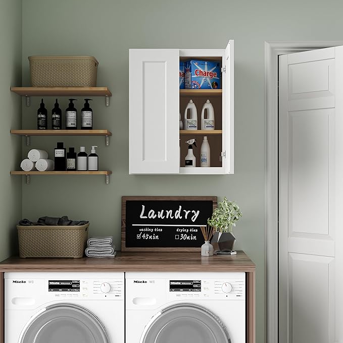 Solid Wood Laundry Room Wall Cabinets, 24 Inch Wide 12" Deep Large Hanging Storage Cabinets, RTA Medicine Organizer with 2 Shaker Doors, Easy Assembly for Kitchen, Bathroom - White