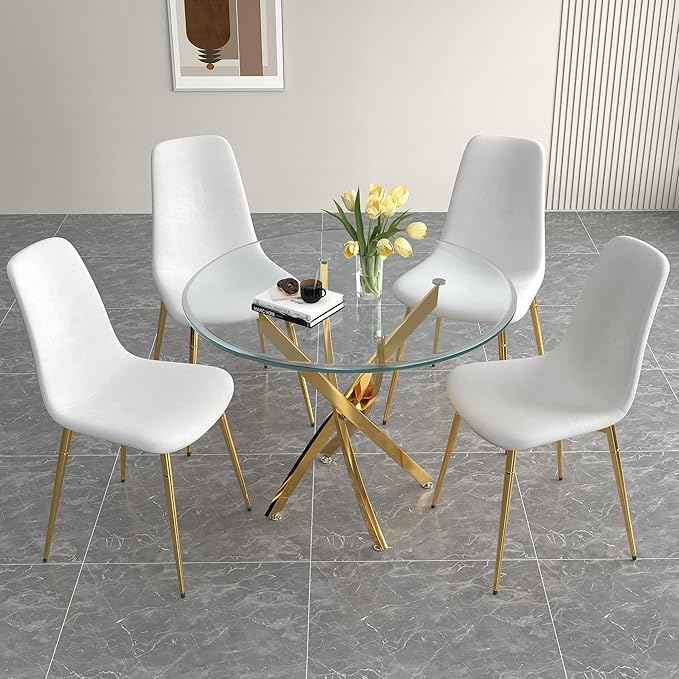 AF ARTISAN FURNITURE 36" Round Glass Dining Table Set for 4, 5-Piece Modern Kitchen Table with 4 White Velvet Chairs, Modern Circle Leisure Table for Home Office Dining Room Small Spaces (Gold Leg)