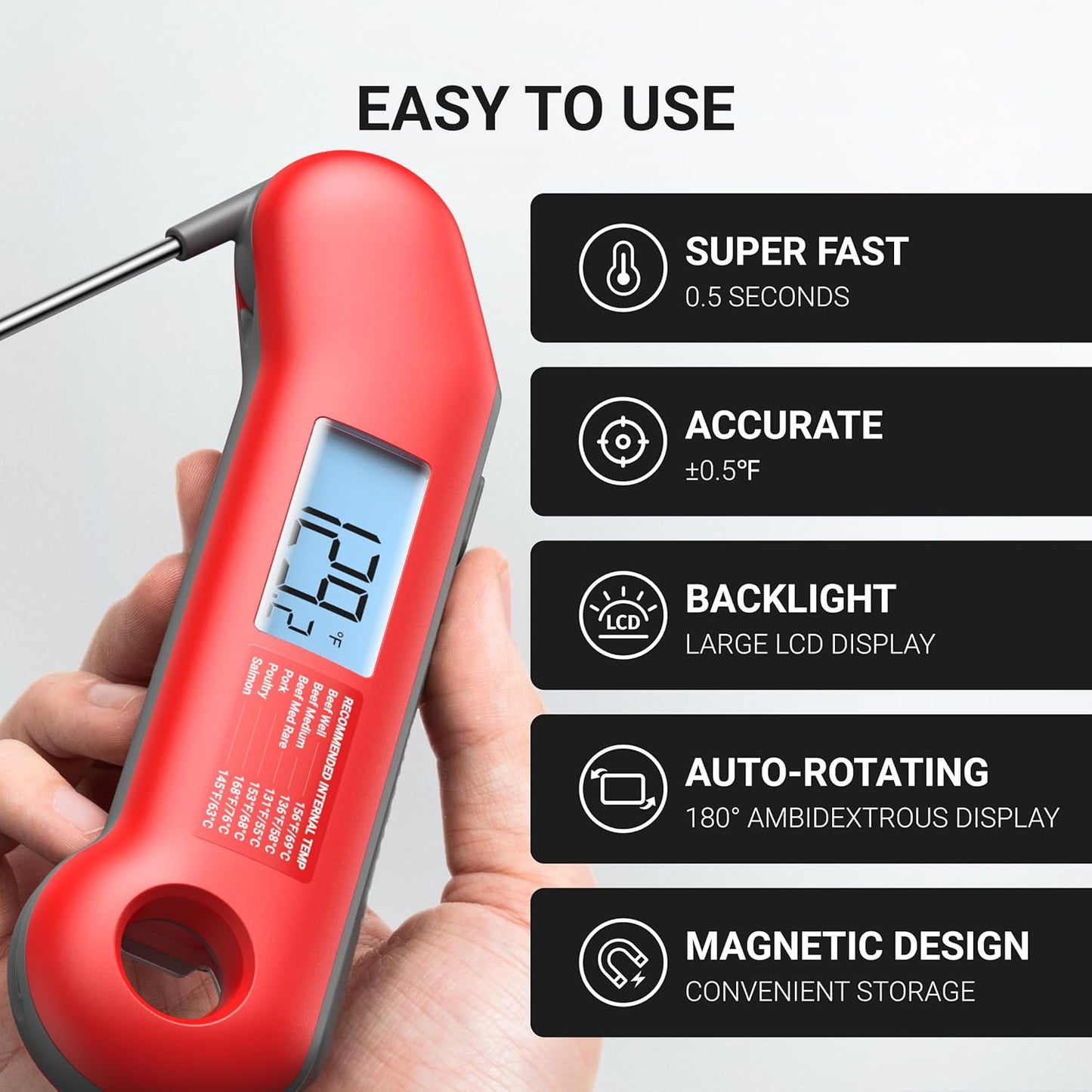 Professional Meat Thermometer Digital, Ultra-Fast 0.5 Sec Instant Read, NIST Certified ±0.5°F Accuracy, 100% Waterproof, Auto-Rotating Backlit Display, Lift-to-Wake, for BBQ/Cooking/Candy - Culinary Roots