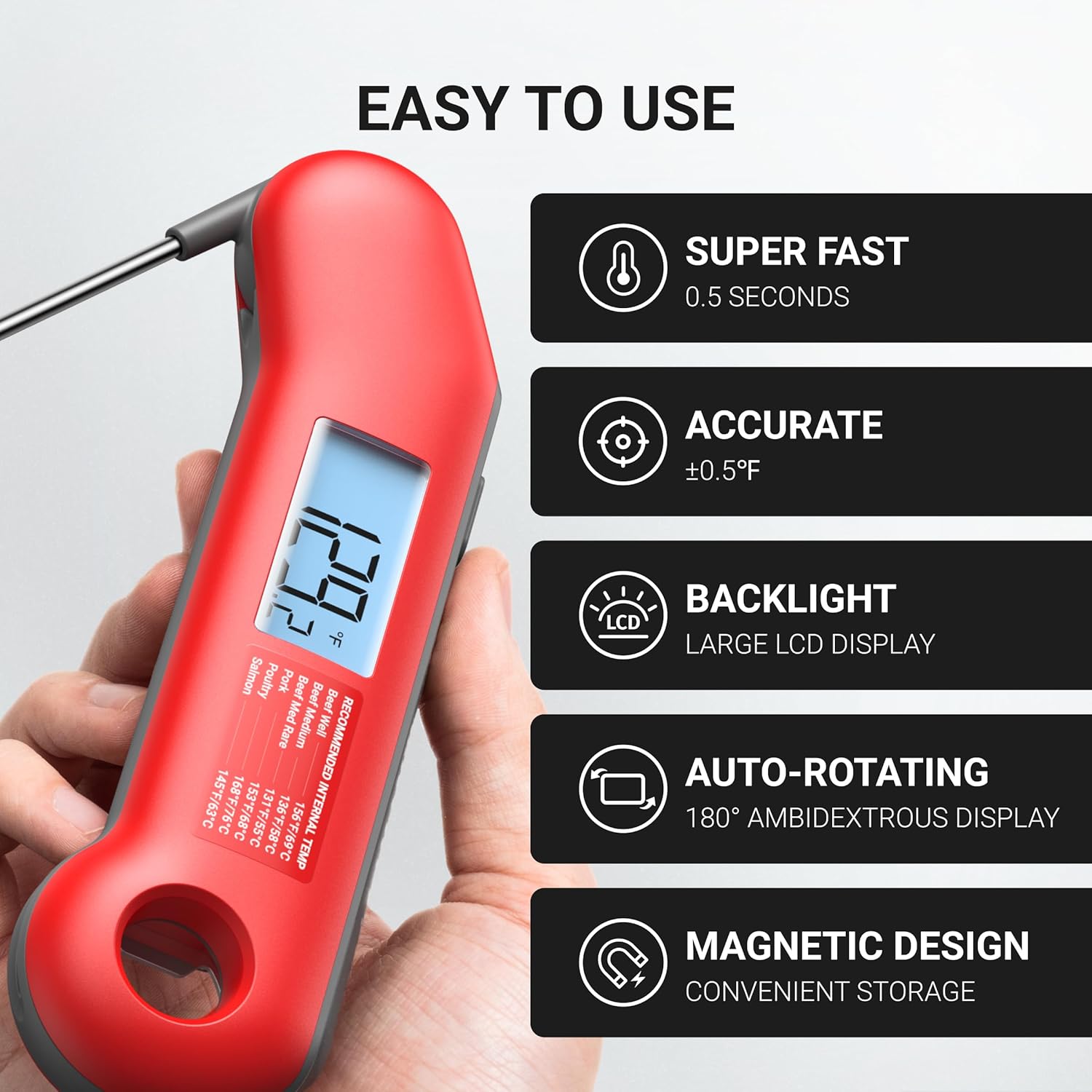 Professional Meat Thermometer Digital, Ultra-Fast 0.5 Sec Instant Read, NIST Certified ±0.5°F Accuracy, 100% Waterproof, Auto-Rotating Backlit Display, Lift-to-Wake, for BBQ/Cooking/Candy - Culinary Roots