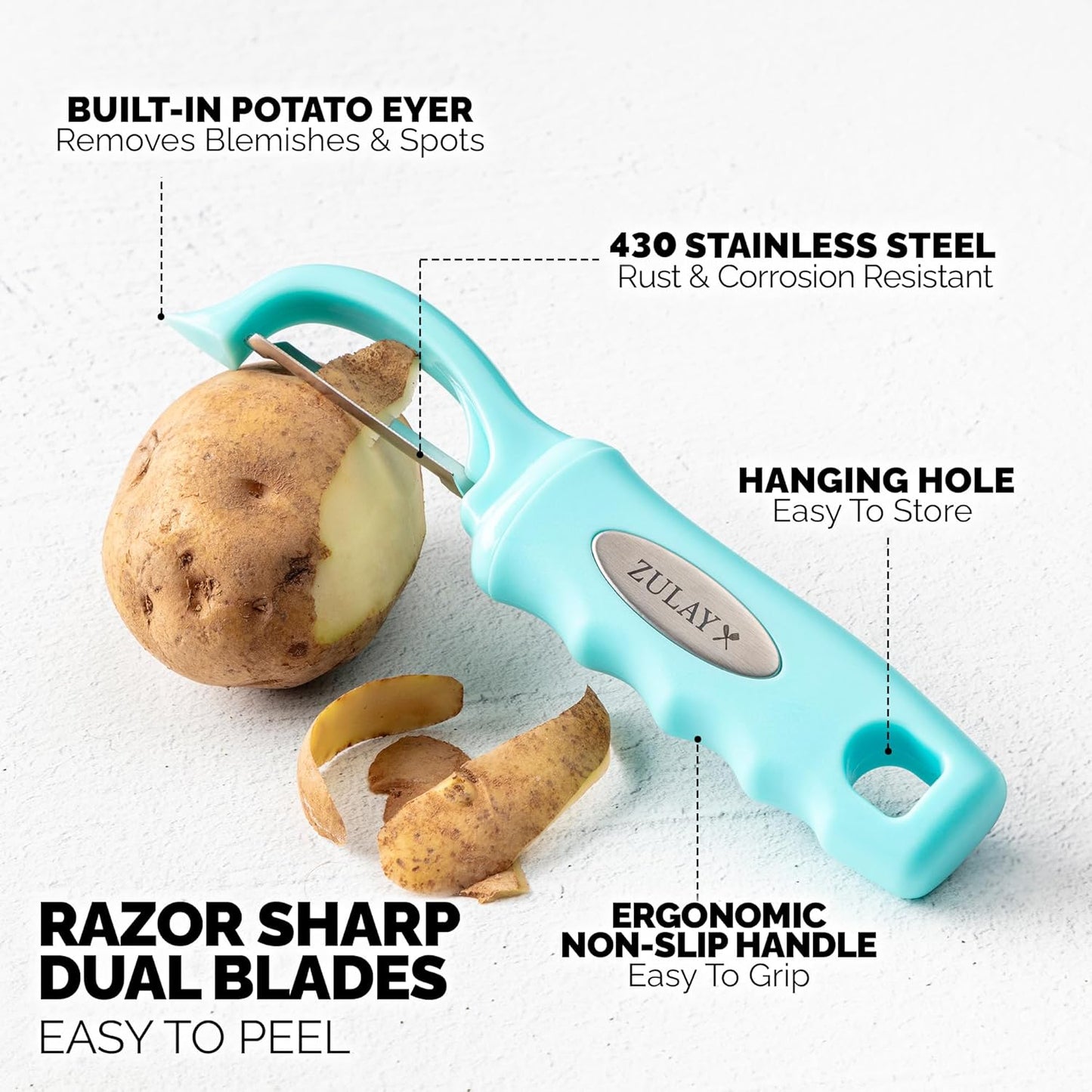 Zulay Kitchen Premium Vegetable Peeler for Kitchen - Swivel Peeler with Razor Sharp Stainless Steel Blades & Strong Ergonomic Handle - Dishwasher Safe, Easy To Use with Blemish Remover - Light Blue - Culinary Roots