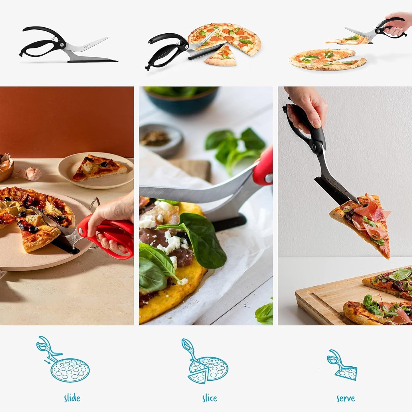 Dreamfarm Scizza 2-In-1 Easy Ergonomic Pizza Scissors with Stainless Steel Pizza Cutter Blades & Non-Stick Slice Server - Black - Culinary Roots
