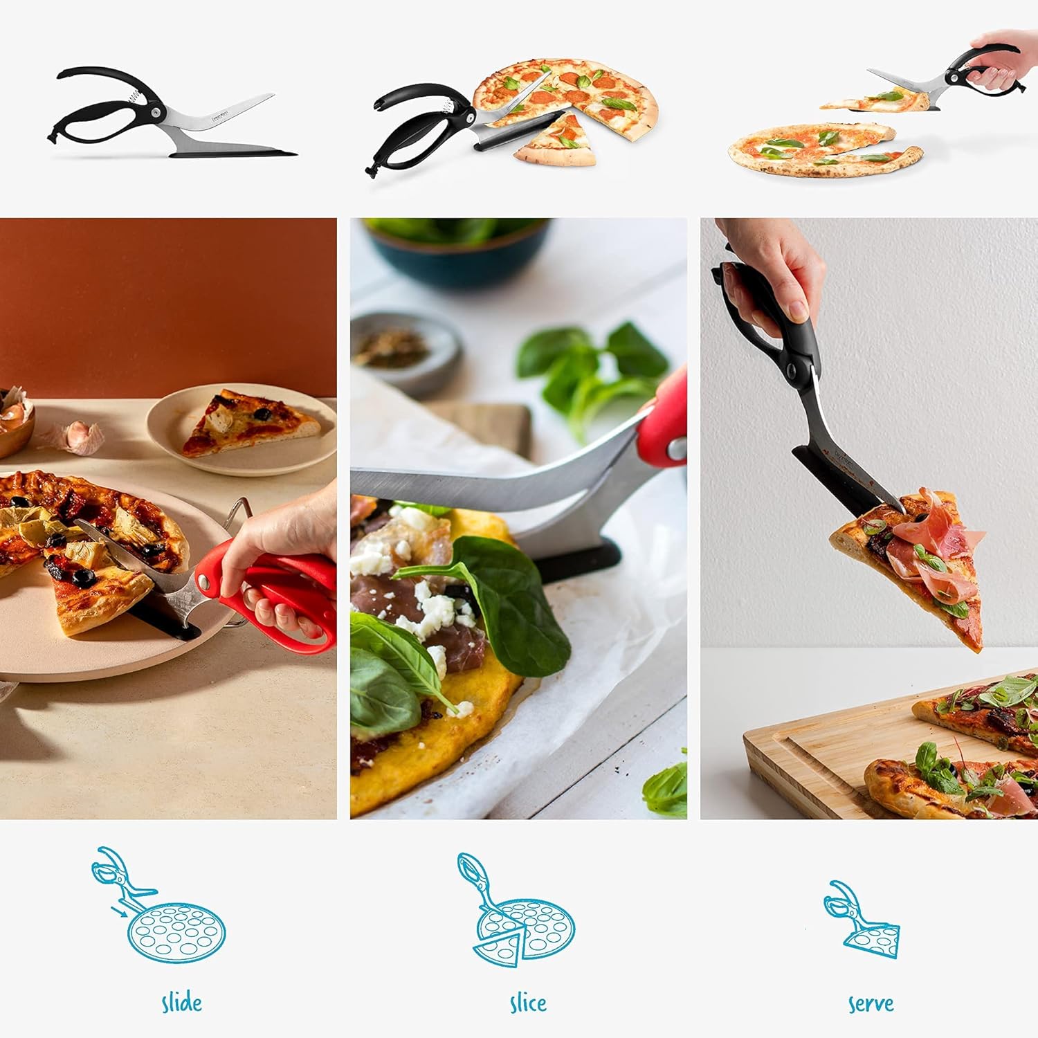 Dreamfarm Scizza 2-In-1 Easy Ergonomic Pizza Scissors with Stainless Steel Pizza Cutter Blades & Non-Stick Slice Server - Black - Culinary Roots
