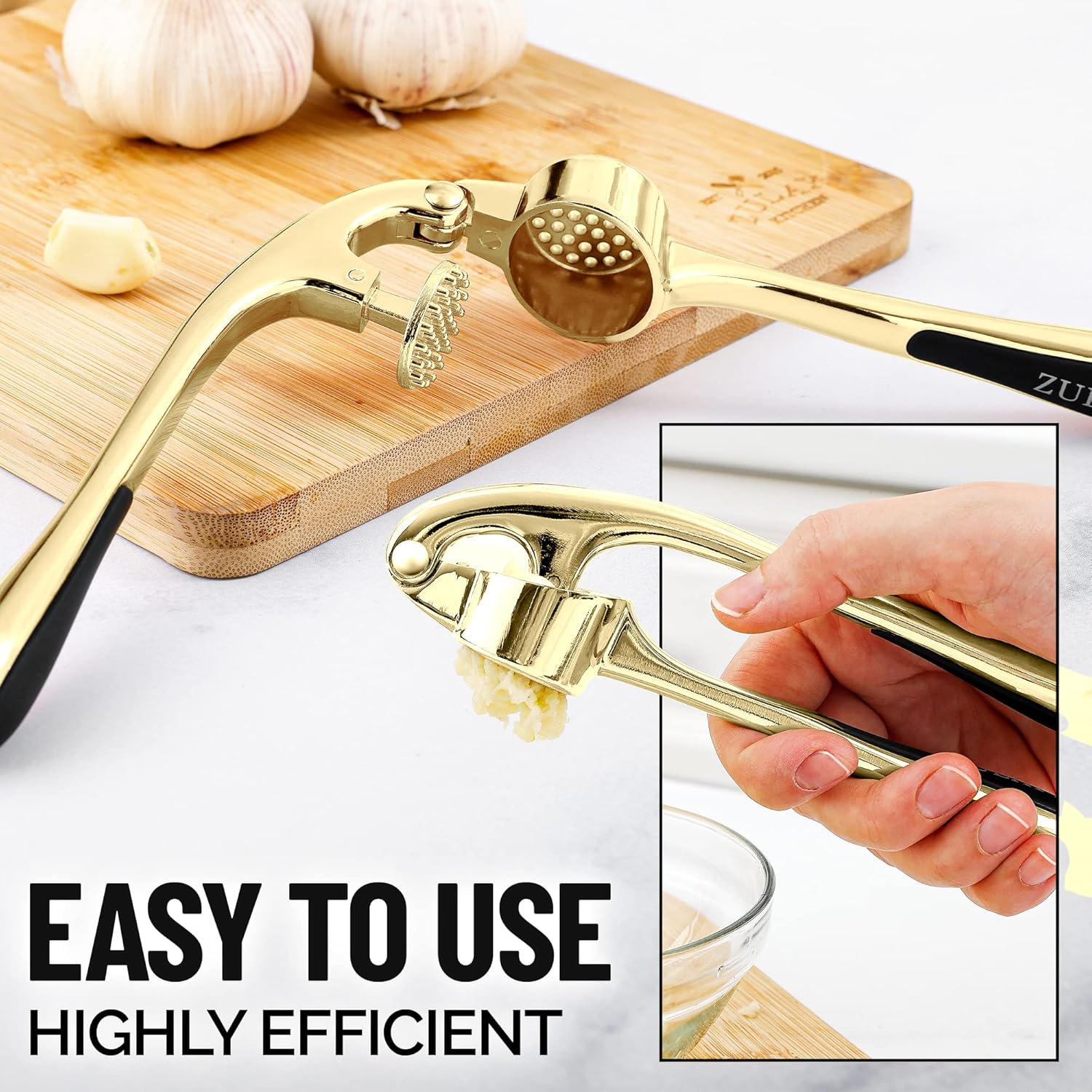 Zulay Kitchen Premium Garlic Press with Soft, Easy to Squeeze Handle - Includes Silicone Garlic Peeler & Cleaning Brush - 3 Piece Garlic Mincer Tool - Sturdy Easy to Clean Garlic Crusher (Gold) - Culinary Roots