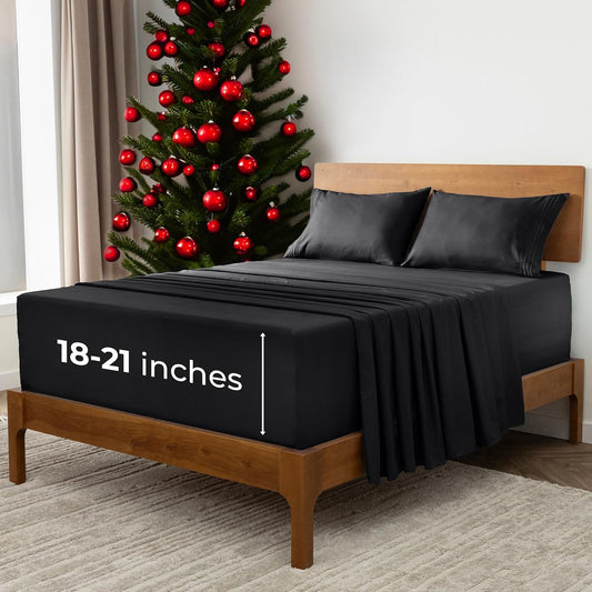 Mellanni Extra Deep Split King Sheets - 5 PC Iconic Collection Bedding - Hotel Luxury, Ultra Soft, Cooling Bed Sheets - Wrinkle, Fade, Stain Resistant (Split King, Black)