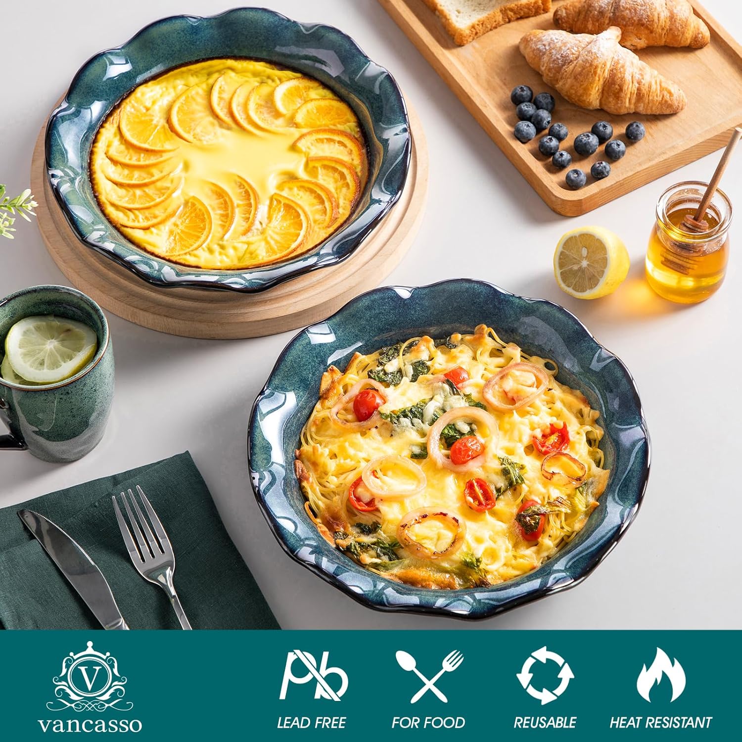 vancasso Stern Ceramic Pie Pan, 9 inch Pie Pans with Ruffled Edge, Deep Pie Dishes for Baking, Round Pie Plates for Apple, Quiche, Pot Pies, Tart, Oven & Dishwasher Safe, Set of 2, Green - Culinary Roots