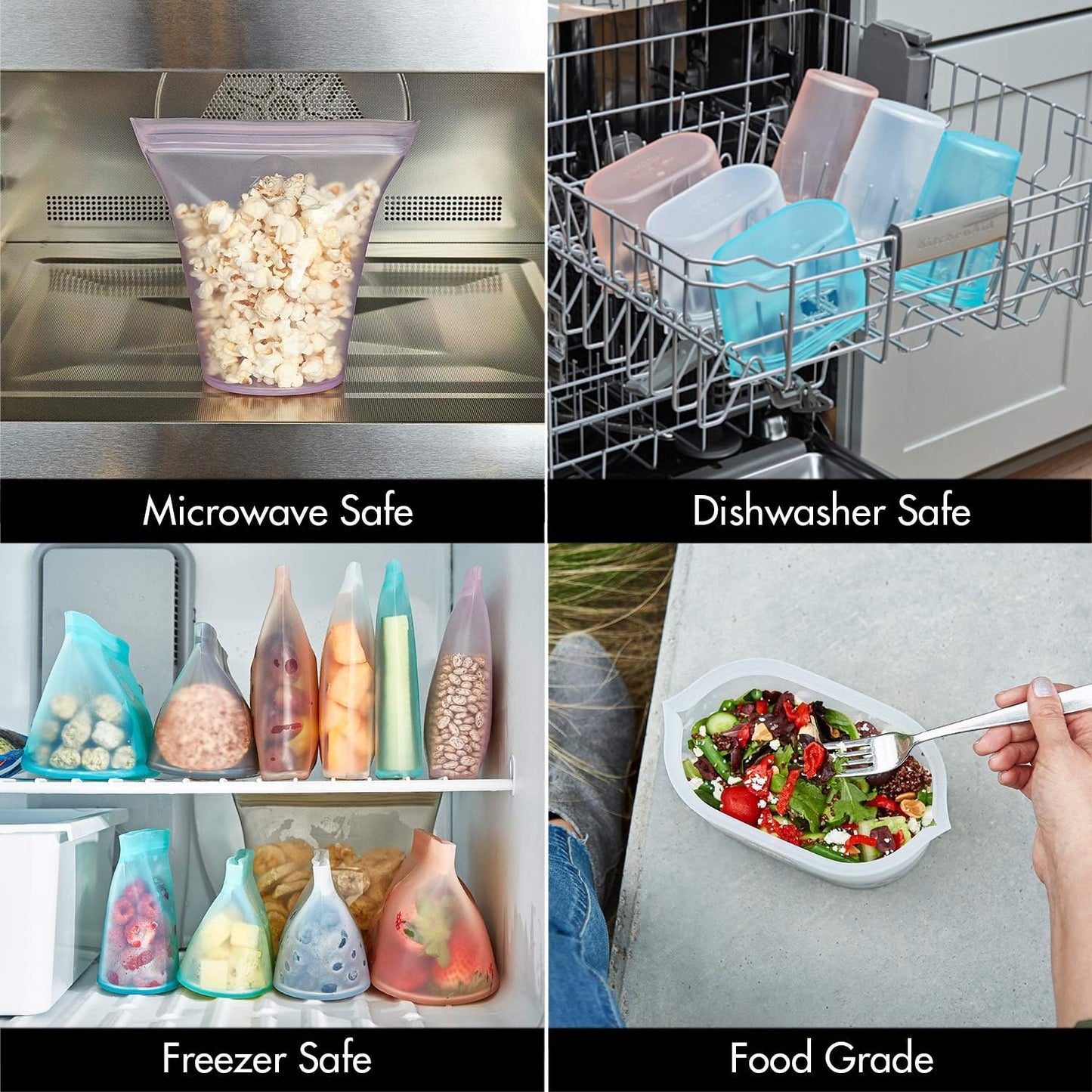 Zip Top Reusable Food Storage Bags | 3 Cup Set [Frost] | Silicone Meal Prep Container | Microwave, Dishwasher and Freezer Safe | Made in the USA