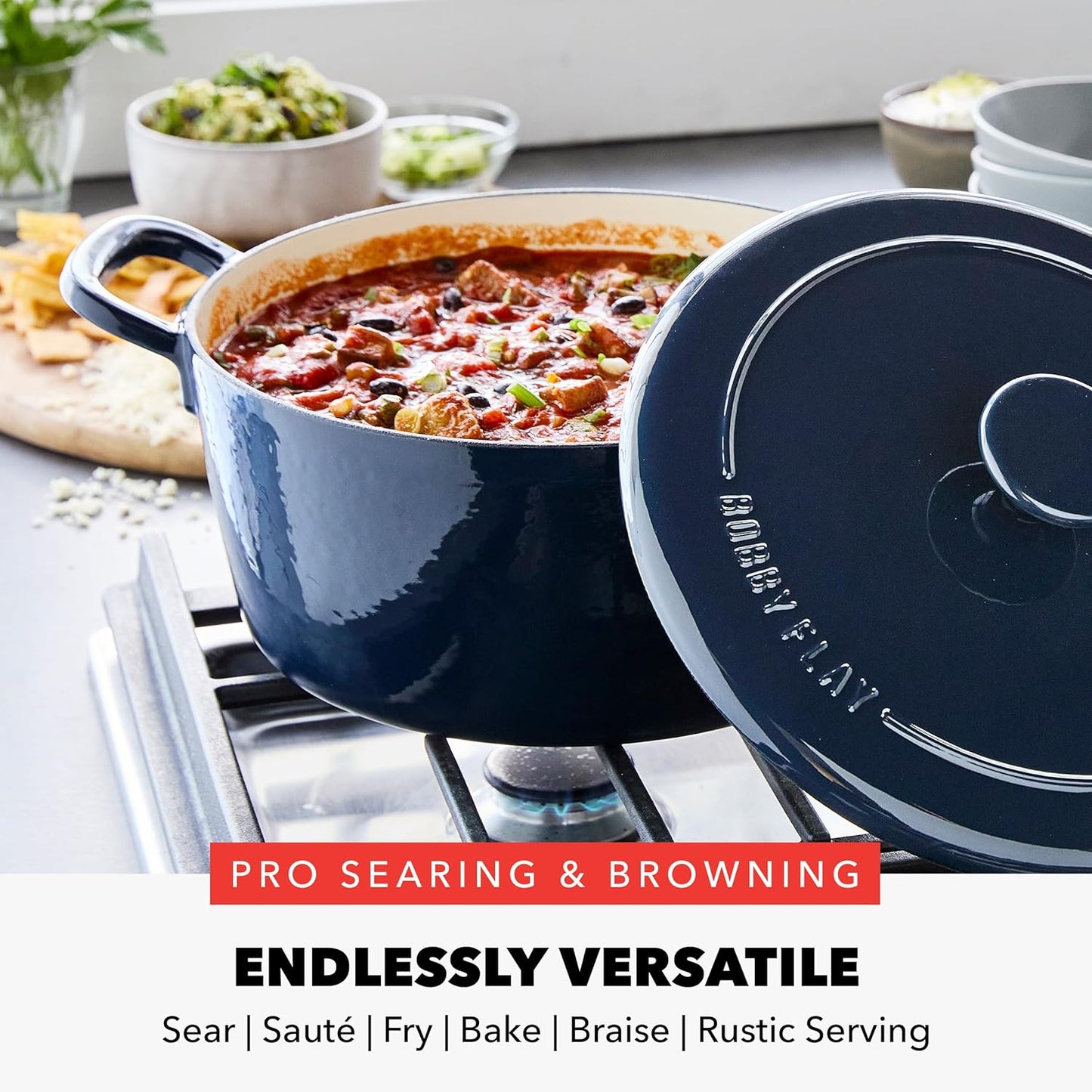 GreenPan x Bobby Flay 5.5QT Enameled Cast Iron Round Dutch Oven with Lid, Dual Handles, Oven Safe to 500F & Induction Suitable, Self Basting Lid, Ultra-Durable, Sear, Braising, Bread, Stews, Cobalt - Culinary Roots