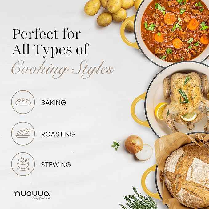 Nuovva Enamelled Cast Iron Dutch Oven Pot with Lid 6.4 Quart Non Stick Casserole Pot – Heavy Duty & Oven Safe up to 500° F for Bread Baking, Braising, Stews, Roasting – 28cm Yellow