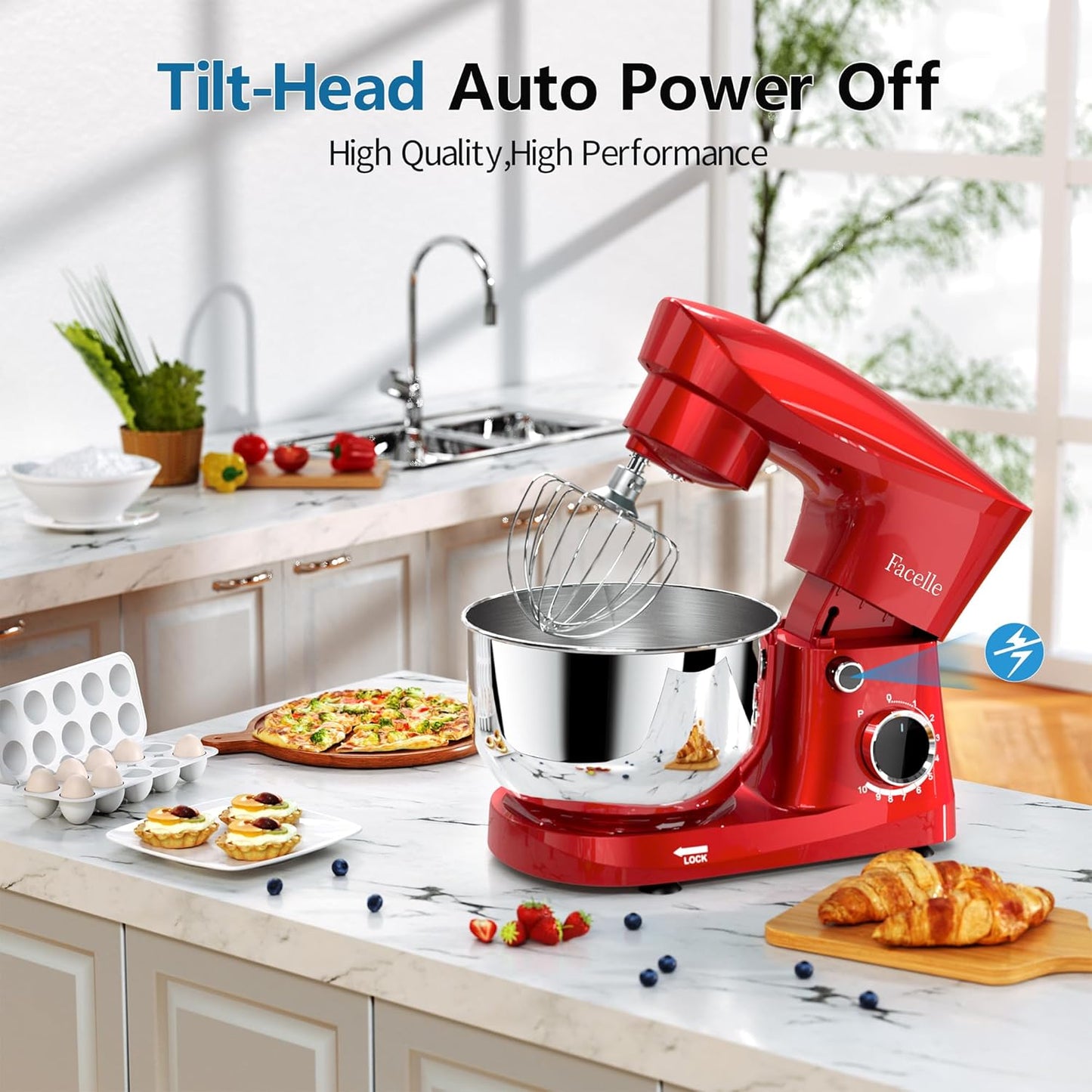 Facelle Stand Mixer, 10-Speed 6QT Kitchen Electric Mixer, Tilt-Head Food Mixer with Beater, Dough Hook, Wire Whip and Egg Separator, scraper for Most Home Cooks - Red