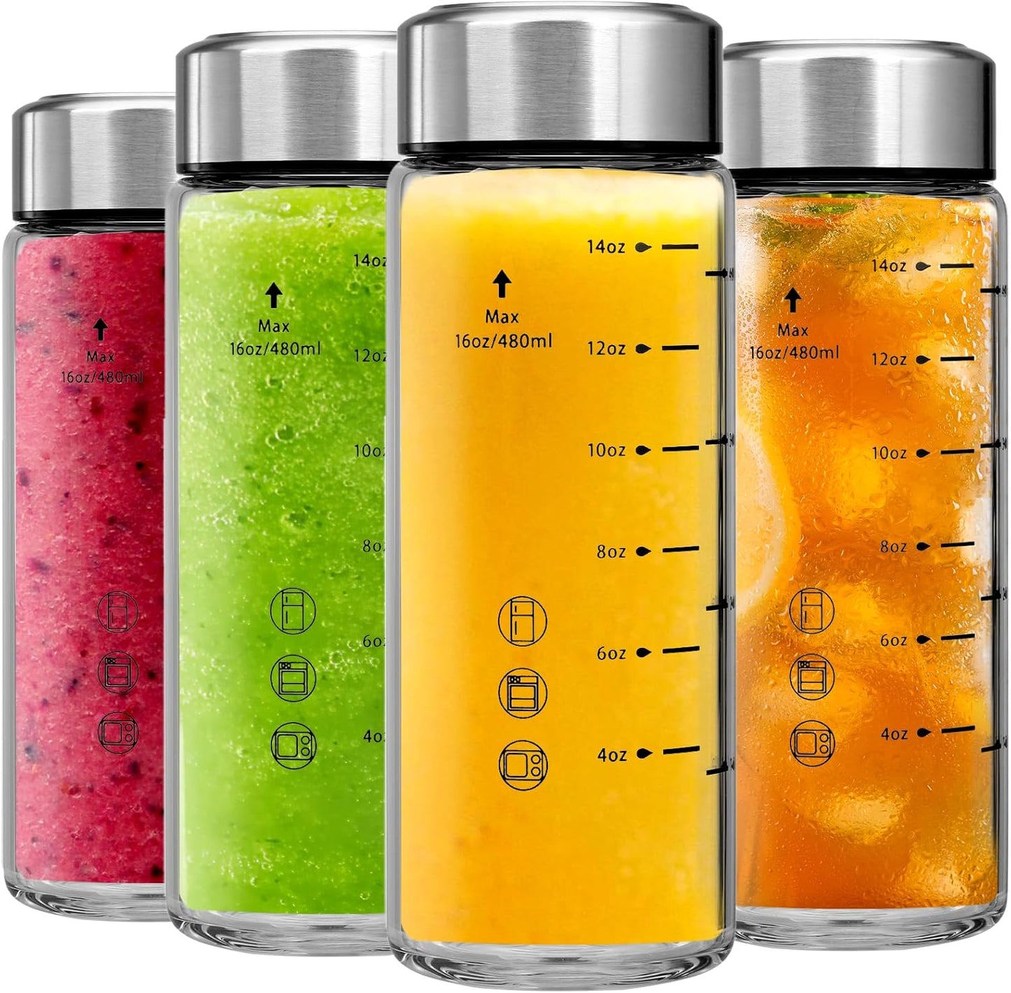 Glass Juice Bottles 4 Pack 16 oz - Wide Mouth Glass Water Bottles with Lids - Borosilicate,Stainless Steel Lids for Juicing, Smoothies, Infused Water, Beverage Storage, Leakproof, Reusable, BPA Free