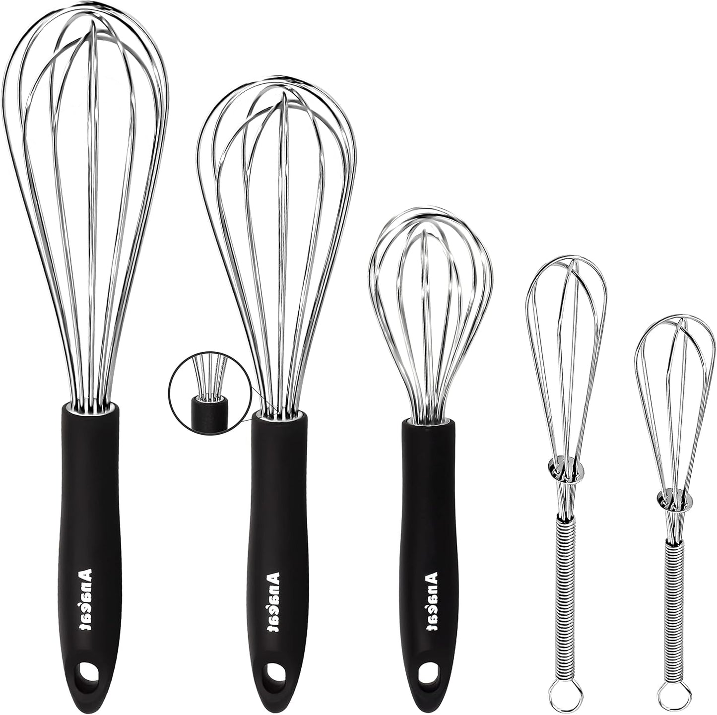 Anaeat Stainless Steel Kitchen Whisk Set of 5, Milk and Egg Beater Blender with Thick Wire for Whisking, Cooking, Baking, Beating and Stirring - 5"+7" Mini Whisk and 8.5''+10.5''+12'' Balloon Whisks - Culinary Roots
