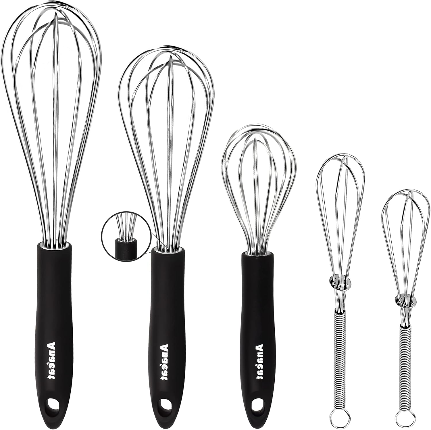 Anaeat Stainless Steel Kitchen Whisk Set of 5, Milk and Egg Beater Blender with Thick Wire for Whisking, Cooking, Baking, Beating and Stirring - 5"+7" Mini Whisk and 8.5''+10.5''+12'' Balloon Whisks - Culinary Roots