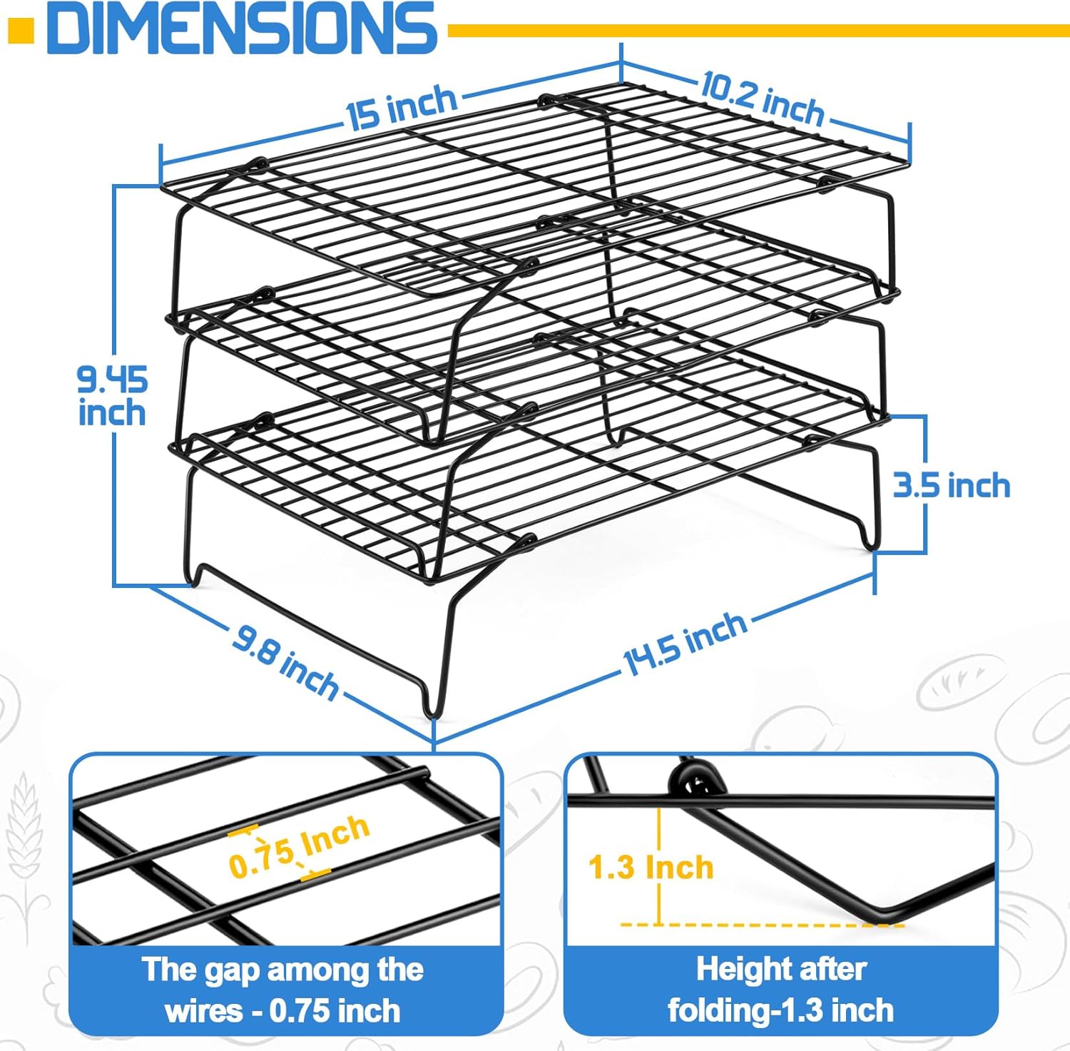 P&P CHEF 3-Tier Cooling Rack Set, Stackable Stainless Steel Baking Cooling Roasting Cooking Racks for Cake, Pastry, Bread, Meat, Bacon, Collapsible & Thick Wire, Oven Safe, 15" x10", Black - Culinary Roots