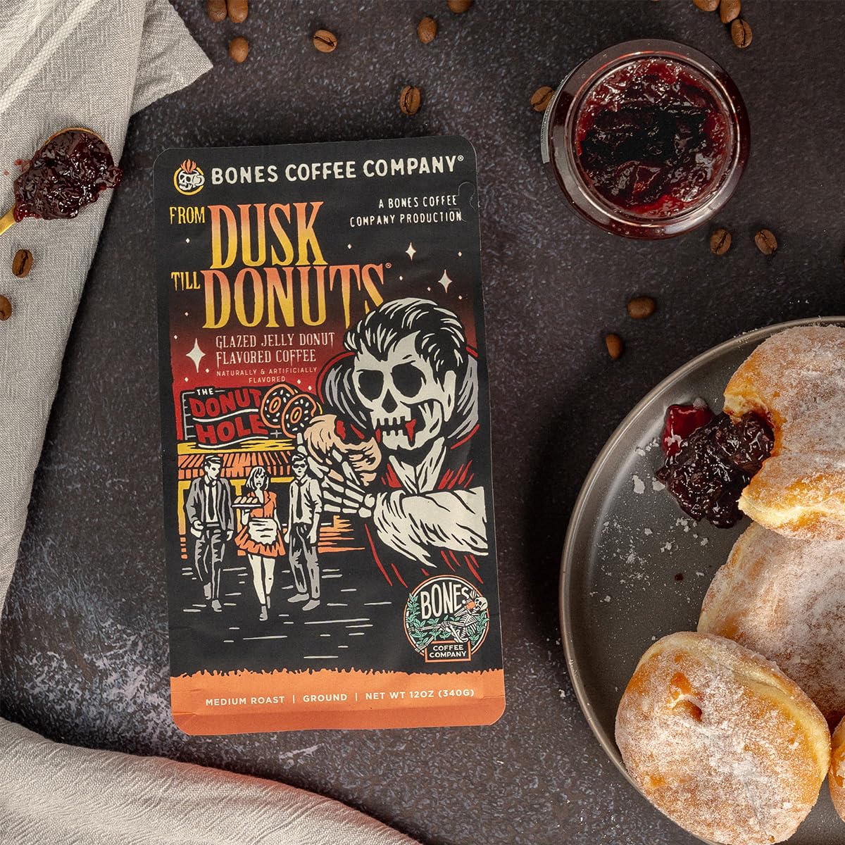 Bones Coffee Company From Dusk Till Donuts Jelly Donuts Flavored Coffee, Medium Roast Low Acid Arabica Beans Compatible with Auto drip and French Press Coffee Maker, 12 Oz Whole Bean