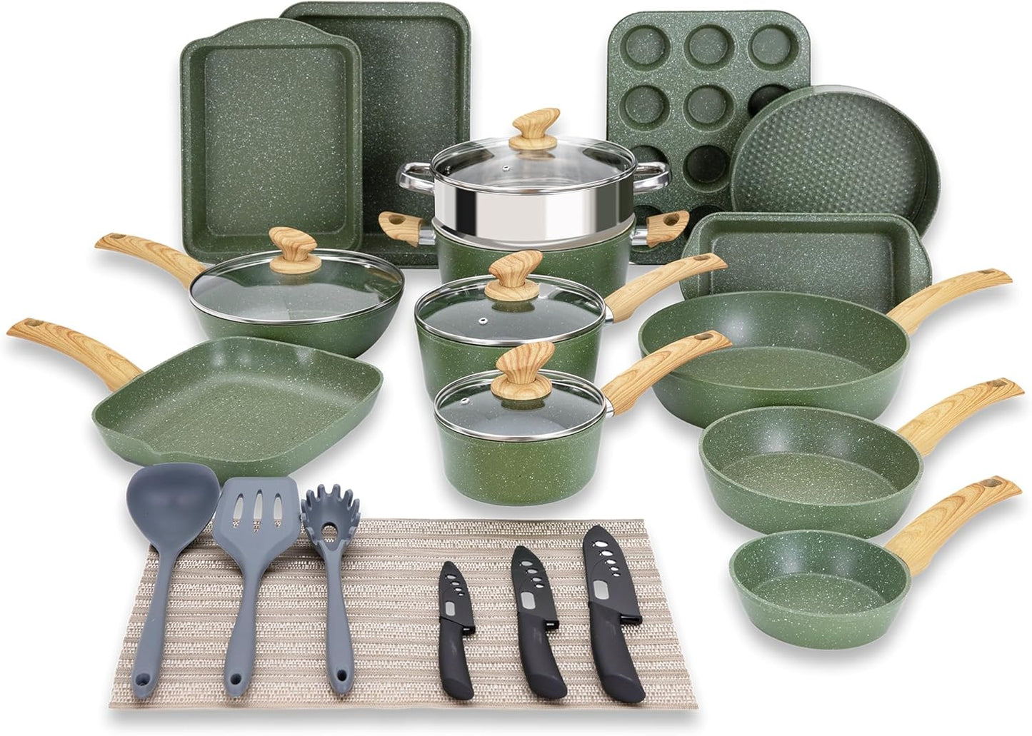 Kitchen Academy Pots and Pans Set Nonstick, 30 Pieces Induction Kitchen Cookware and Bakeware Sets, Green Granite Coating Cooking Pans Set - Culinary Roots