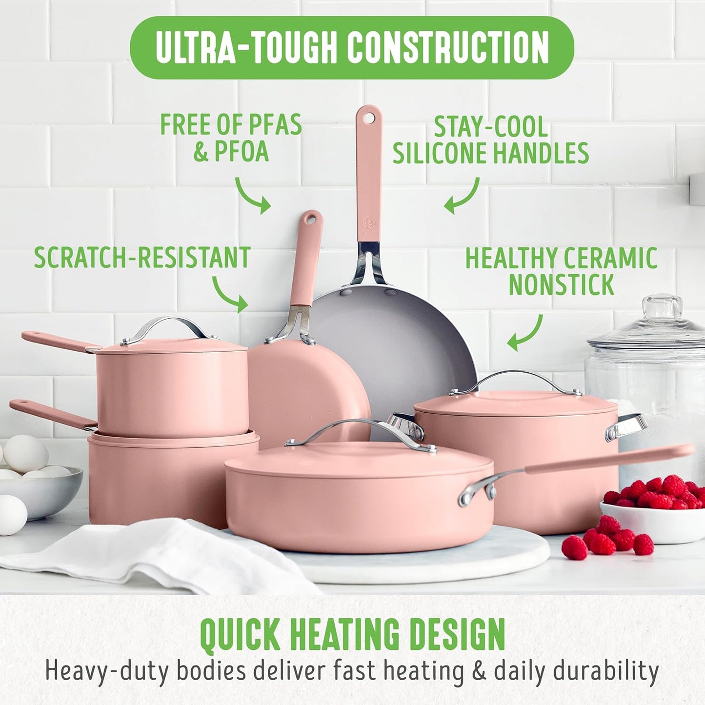 GreenLife 10-Piece Nonstick Ceramic Cookware Set, Lightweight Healthy PFAS-Free Pots & Pans with Lids, Dishwasher & Oven Safe, Durable Body, Silicone Stay-Cool Handles, Easy Release, Pink - Culinary Roots