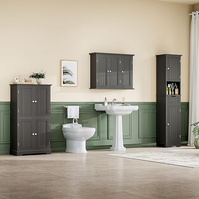 ChooChoo Bathroom Wall Cabinet with 3 Doors, Laundry Cabinet Wall Mounted, Medicine Cabinet with Adjustable Shelves, Hanging Kitchen Cupboard Organizer, Black