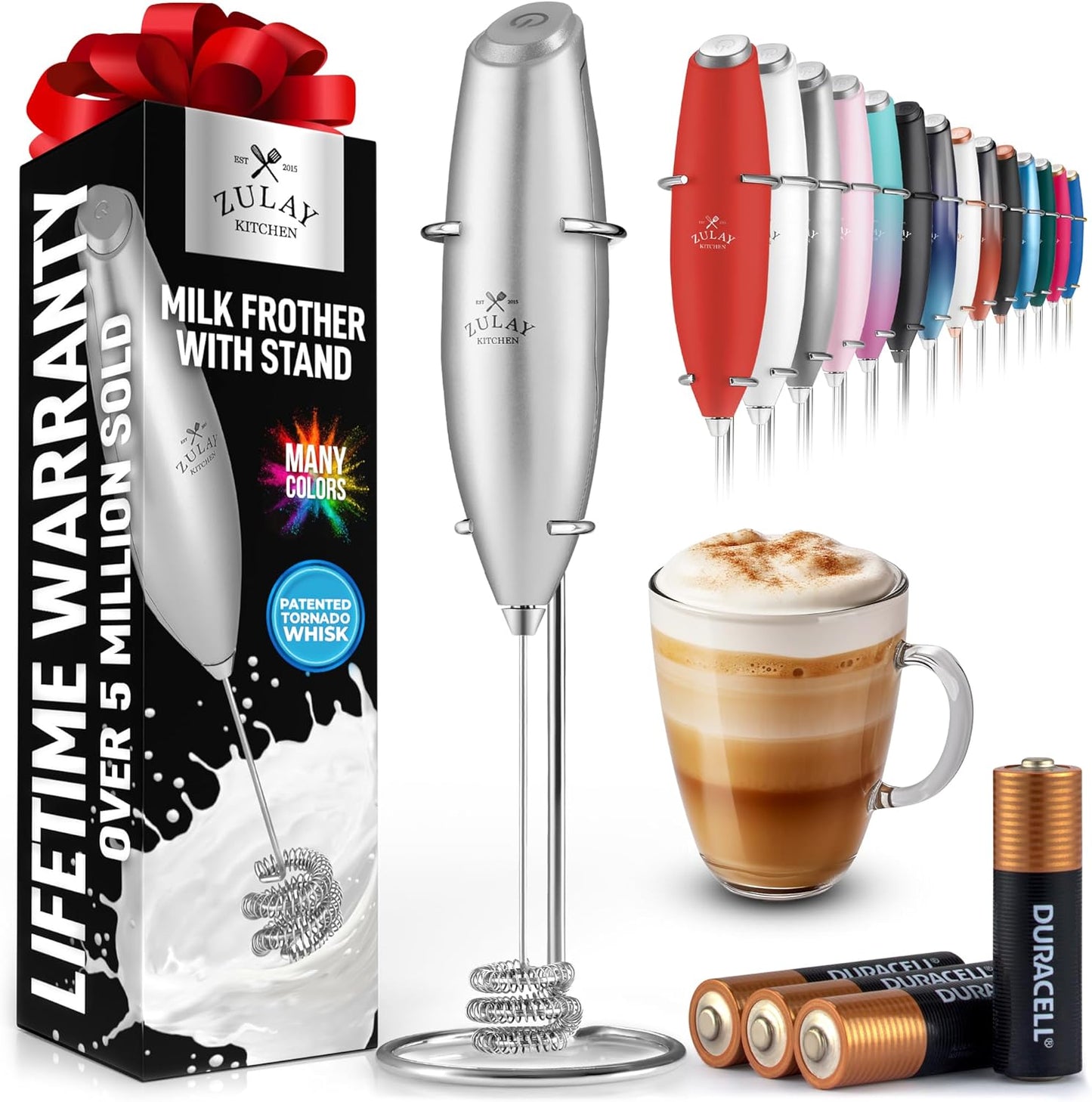 Zulay Kitchen Tornado Whisk Milk Frother with 4 AA Duracell Batteries - Triple Whisk for More Power - Handheld Coffee Frother with Stand - Drink Mixer for Lattes, Matcha & Protein Shakes - Culinary Roots