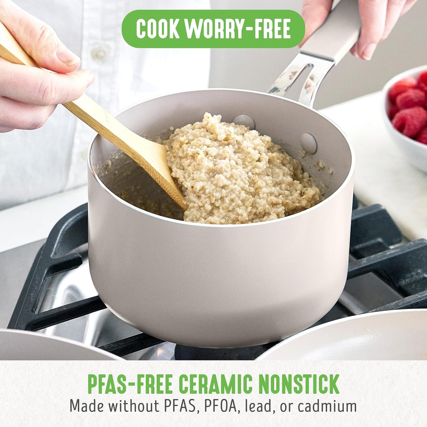 GreenLife 2 Quart Nonstick Saucepan with Lid, Lightweight Healthy PFAS-Free Milk Pan, Dishwasher & Oven Safe Soup Pan, Durable Body, Silicone Stay-Cool Handle, Easy Release Chef’s Pan, Taupe - Culinary Roots