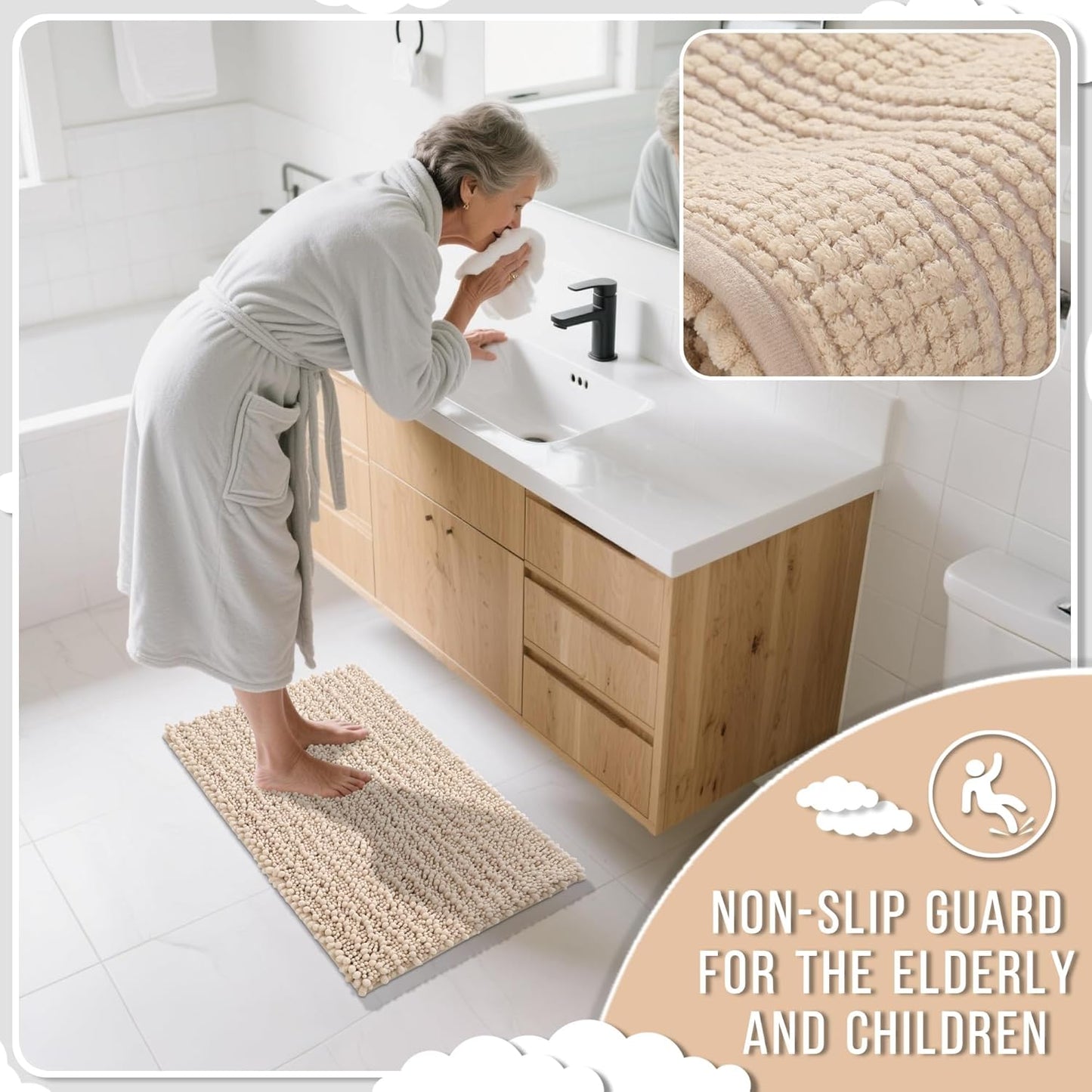 Yimobra Large Bathroom Rugs Non Slip Washable 36x24 Inch - Ultra Soft Absorbent Chenille Bath Mat, Quick Dry Shaggy Floor Carpet for Tub Shower, Light Brown Home Decor Accessories