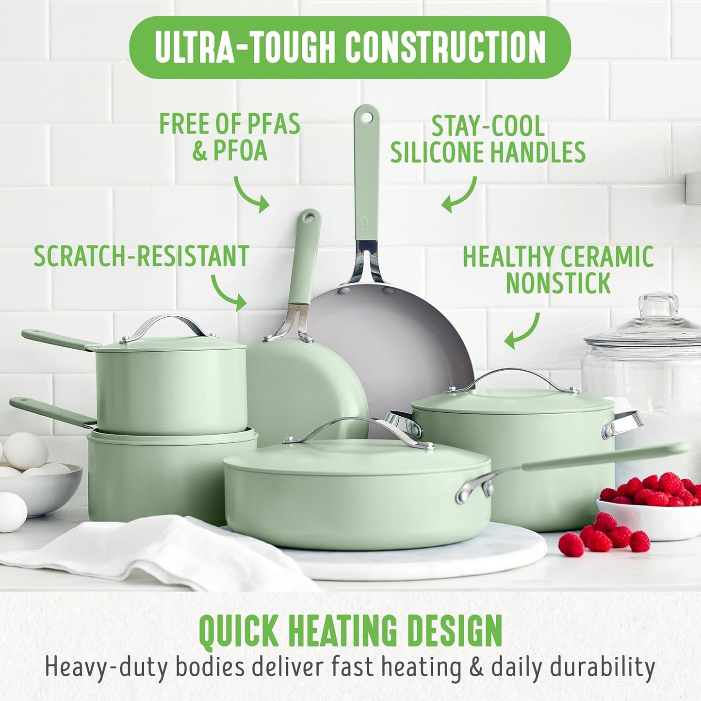 GreenLife 10-Piece Nonstick Ceramic Cookware Set, Lightweight Healthy PFAS-Free Pots & Pans with Lids, Dishwasher & Oven Safe, Durable Body, Silicone Stay-Cool Handles, Easy Release, Sage Green - Culinary Roots
