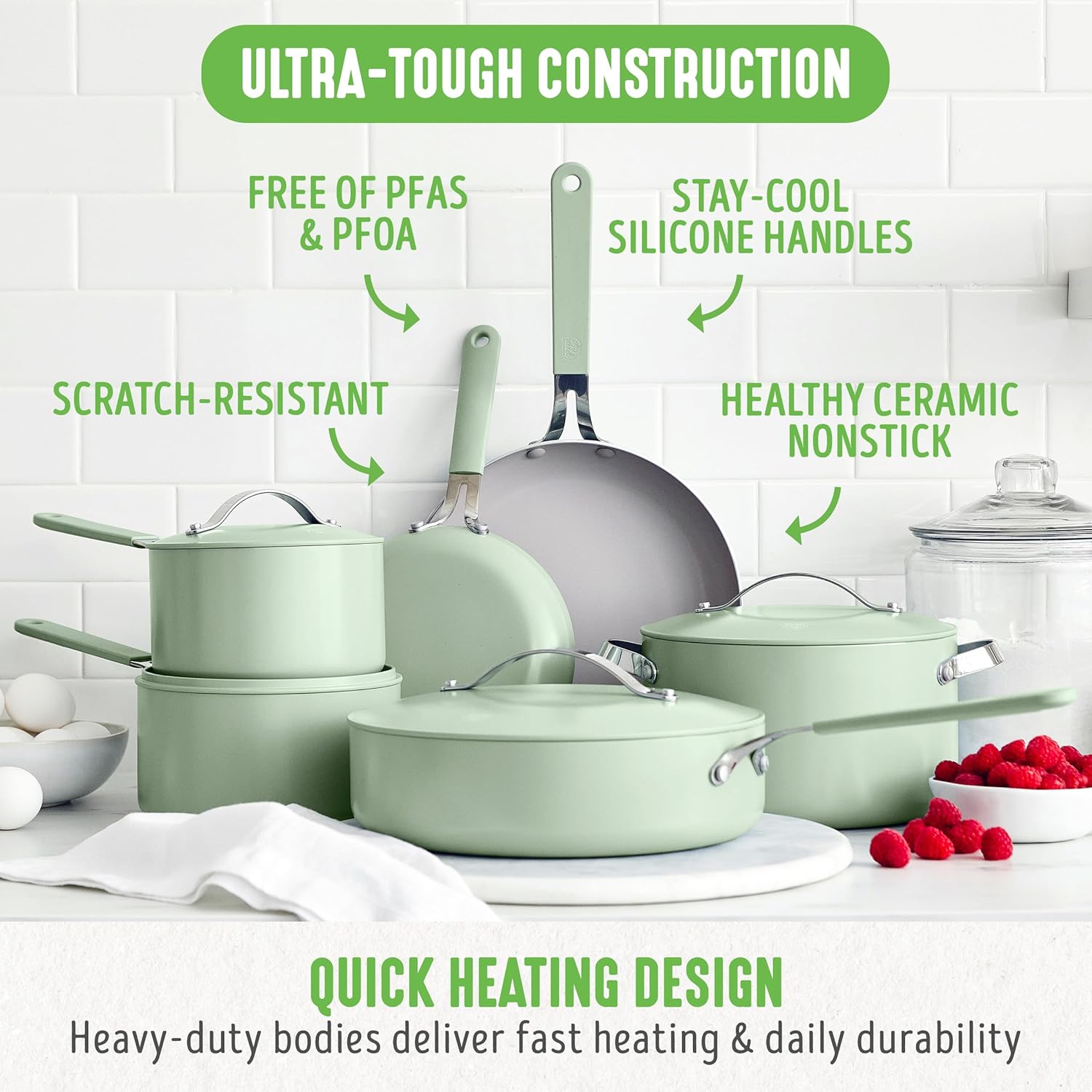 GreenLife 10-Piece Nonstick Ceramic Cookware Set, Lightweight Healthy PFAS-Free Pots & Pans with Lids, Dishwasher & Oven Safe, Durable Body, Silicone Stay-Cool Handles, Easy Release, Sage Green - Culinary Roots