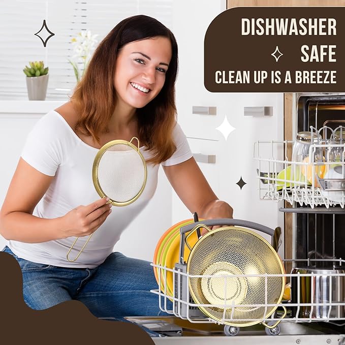 Baderke 7 Pcs Gold Kitchen Accessories Includes Stainless Steel Colander with Handles, 3 Gold Mixing Bowls with Airtight Lids and 3 Fine Mesh Strainer(Colander: 5 Qt, Mixing Bowls: 1.5/2/3 Qt)