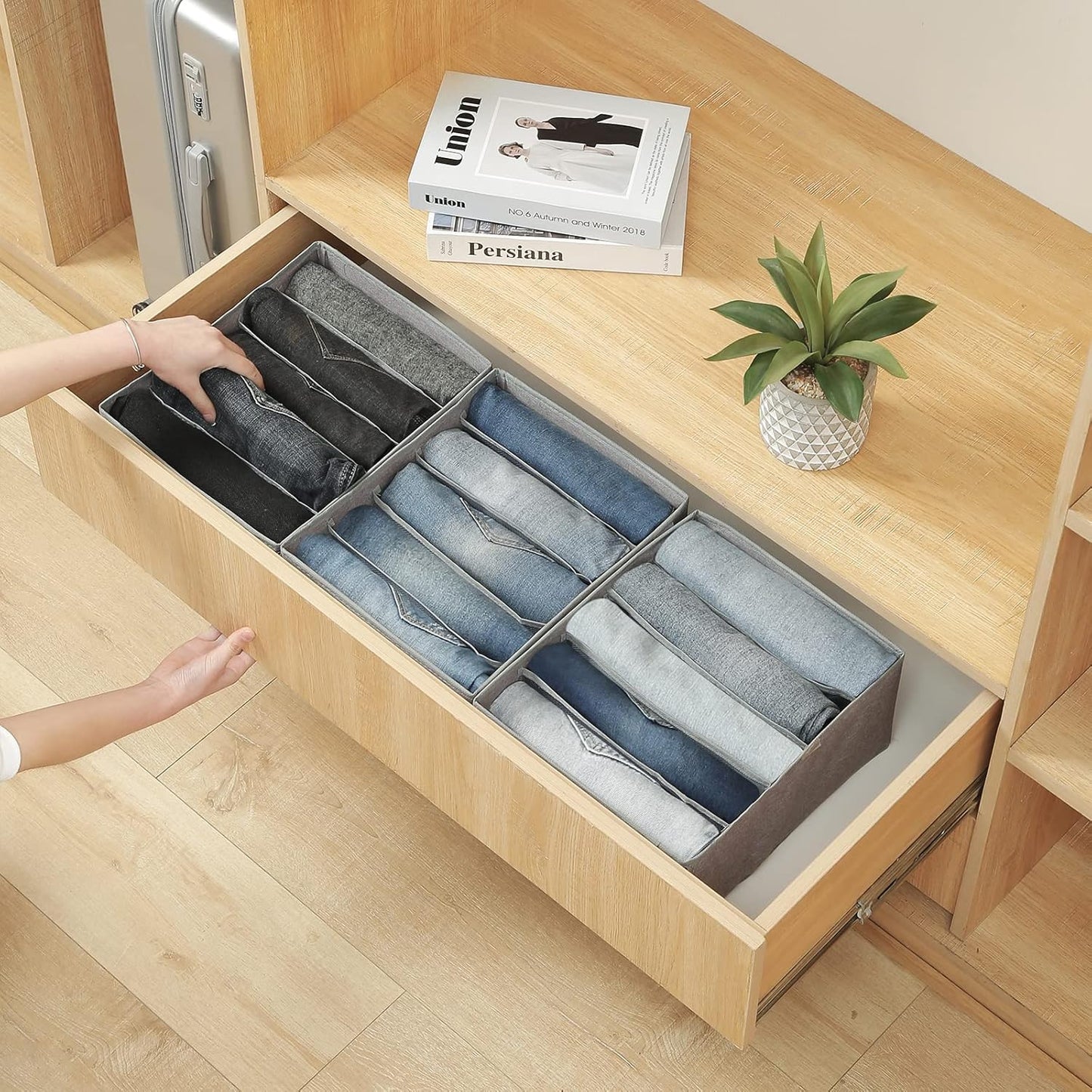 Qozary Pants Jeans Organizer for Closet, 4 Pack Drawer Organizers for Clothing, 5 Grids Wardrobe Clothes Storage for Deep Drawer, T-Shirts, Legging, Short