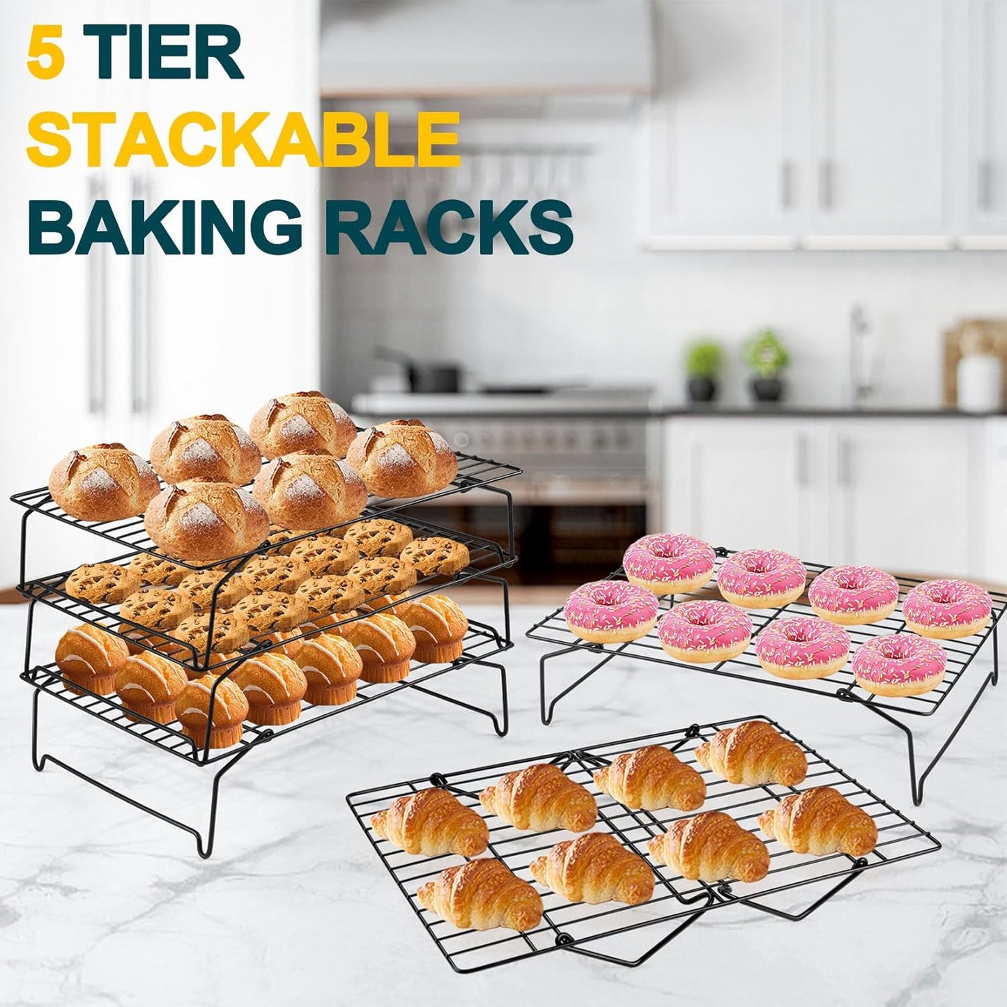 P&P CHEF Cooling Rack, 5-Tier Stainless Steel Stackable Baking Cooking Racks for Cooling Roasting Grilling, Collapsible & Heavy Duty, Oven Safe & Easy Clean, 15" x 10", Black - Culinary Roots