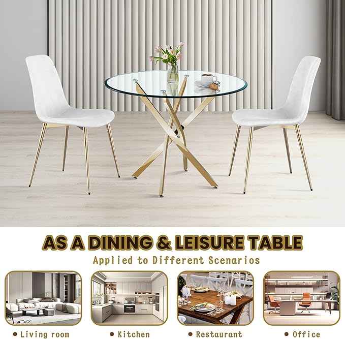 AF ARTISAN FURNITURE 36" Round Glass Dining Table Set for 4, 5-Piece Modern Kitchen Table with 4 White Velvet Chairs, Modern Circle Leisure Table for Home Office Dining Room Small Spaces (Gold Leg)