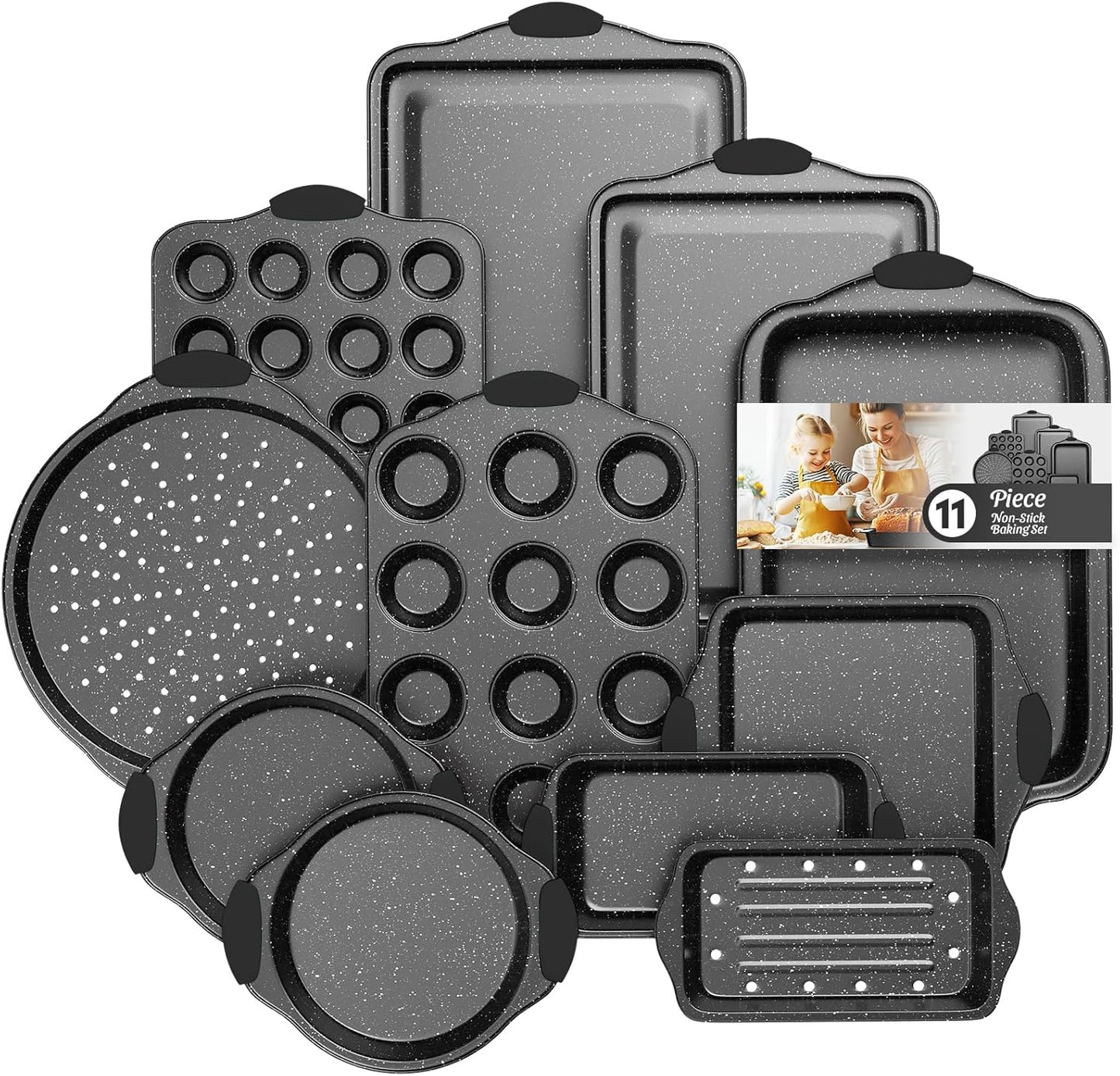 11-Piece Nonstick Baking Pan Set, Stackable Bakeware Sets, Oven Pans for Baking with Silicone Handles, Includes Cookie Sheet, Cake Pans, Loaf Pan, Pizza Pan, Muffin Pan, Black - Culinary Roots