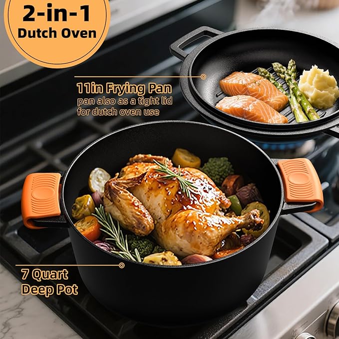 2-in-1 Pre-Seasoned Cast Iron Double Dutch Oven Pot with Skillet Lid - Thumbnail 4