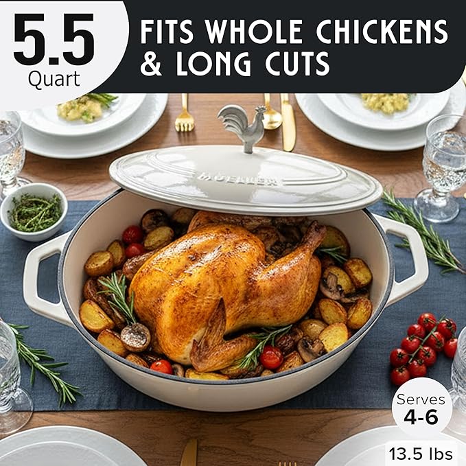 MUELLER HOME 5.5 Quart Enameled Cast Iron Oval Dutch Oven with Rooster Knob & Cotton Potholders, Heavy-Duty Cookware, Oven-Safe up to 500° F & Across All Cooktops, Gifts for Grandma & Women, White