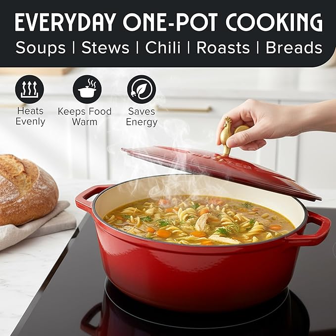 MUELLER HOME 5.5 Quart Enameled Cast Iron Oval Dutch Oven w Rooster Knob & Cotton Potholders, Heavy-Duty Cookware, Oven-Safe up to 500° F & Across All Cooktops, Gifts for Grandma & Women, Red