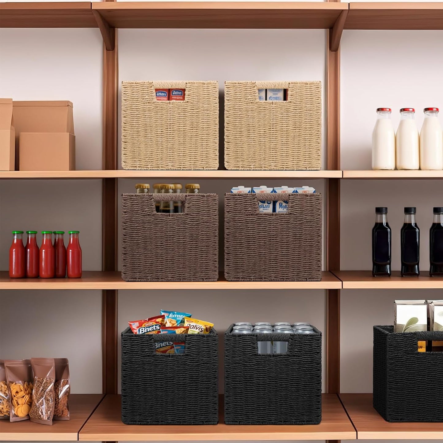 Wicker Storage Baskets for Organizing, 3 Pack Rustic Foldable Square Basket for Shelves, Handwoven Cubby Organizer Bins for Home Decor, Small Cube Storage Bin for Closet Organization (Brown 11 inch)