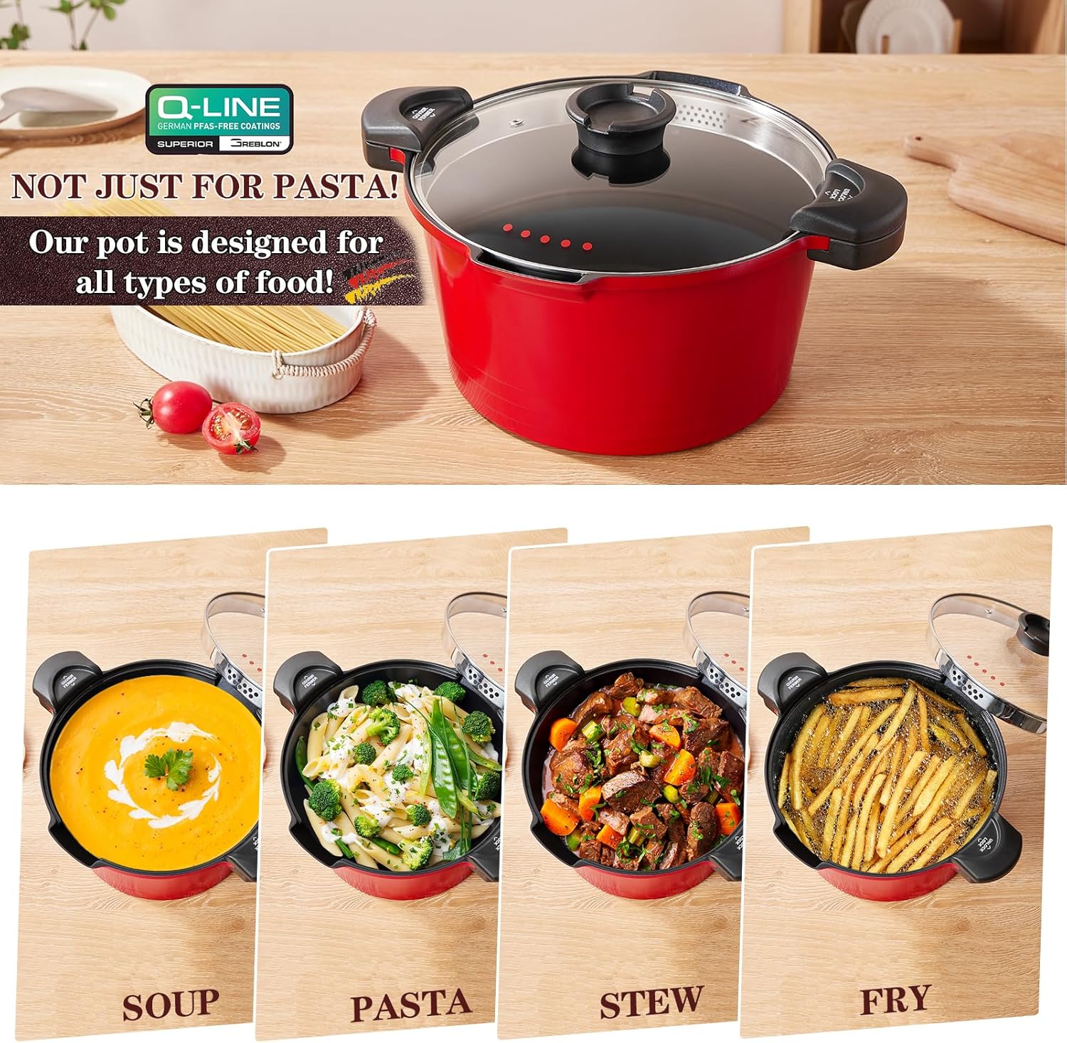 5qt Pasta Pot with Strainer Lid, Cast Aluminum Stockpot Multipot, Nonstick Ceramic Coating make Cleanup easy with Tempered Glass Lid, Dishwasher Safe, Induction, Black (Red, 5 Quarts) - Culinary Roots