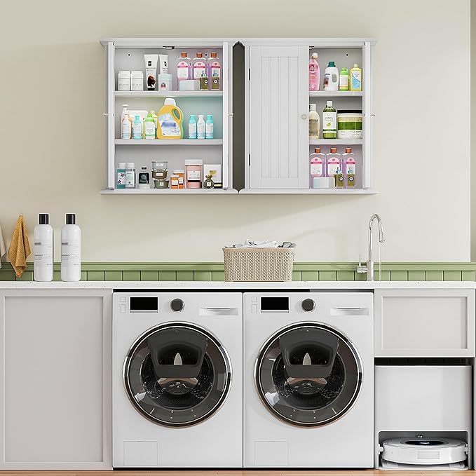 ChooChoo Bathroom Wall Cabinet, Over The Toilet Space Saver Storage Cabinet, Medicine Cabinet with 2 Door and Adjustable Shelves, Cupboard