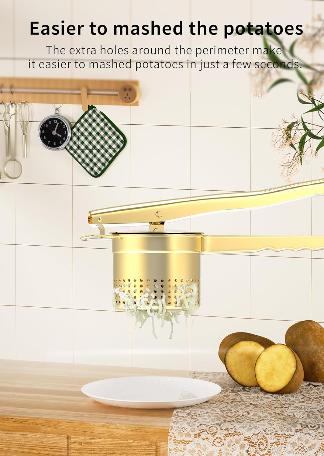 Large 15oz Potato Ricer Masher, Heavy Duty Stainless Steel Potato Masher with Ergonomic Handle, Masher and Ricer Kitchen Tool for Mashed Potatoes, Noodle Maker, Gold - Culinary Roots